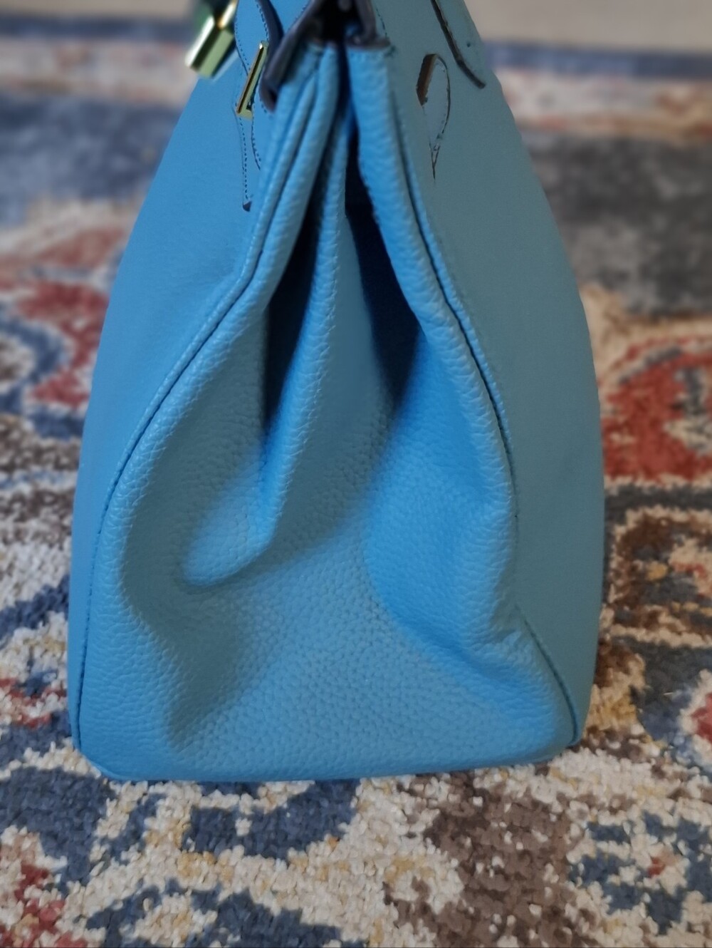 Teal Structured Leather Top-Handle Bag with Gold Hardware - Picture 4 of 9